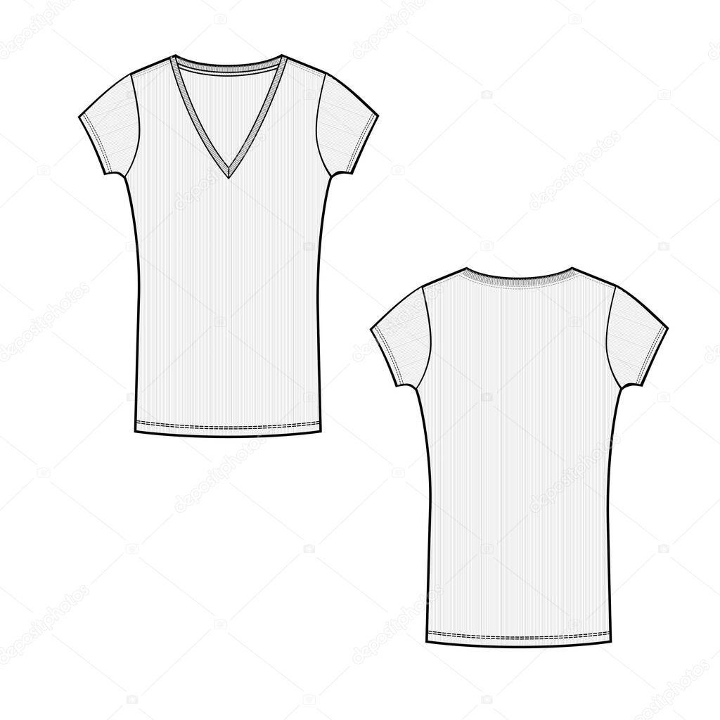 Download Vector Template With Short Sleeve And V Neck Line T Shirt Technical Sketch Of Front And Back Part Jersey T Shirt Template Female Cloth Sketch Technical Sketch Of Cloth Premium Vector In