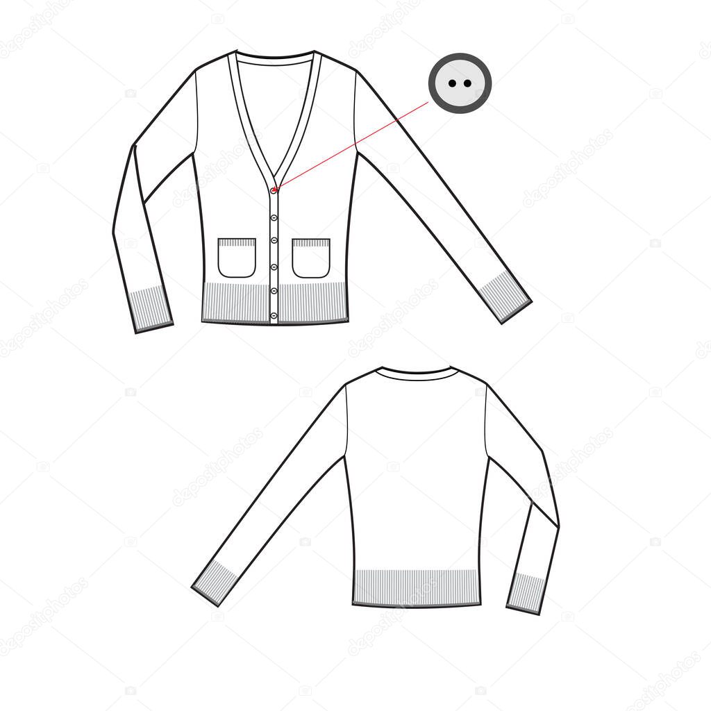 vector template of pullover with long sleeves and pockets front and back parts. Jersey t-shirt template. Female cloth sketch. Technical sketch of cloth