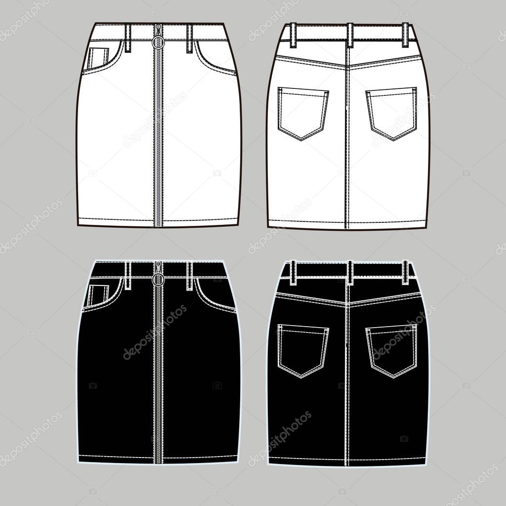 Denim skirt technical sketch with metal zipper, front and backin white and black colors. Scheme of skirt. Fashion cloth vector sketch.