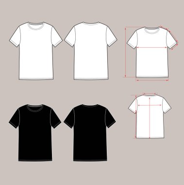 Temel unisex t-shirt seti. Ön ve arka. Beyaz ve siyah renklerde, ok şeması seçenekleri. E-dükkan ve moda tasarımı için mükemmel.