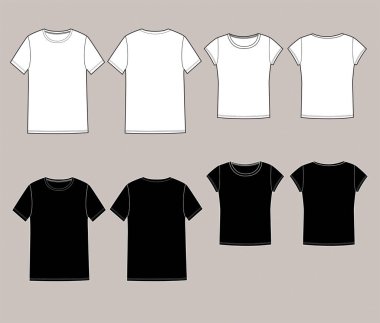 Temel unisex t-shirt seti. Ön ve arka. Beyaz ve siyah renklerde, e-dükkan ve moda tasarımı için mükemmel.