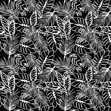 Siyah ve beyaz tropikal yapraklar pürüzsüz. Basit Orman geçmişi. Tekstil, kumaş, doku, poster. Vektör illüstrasyonu