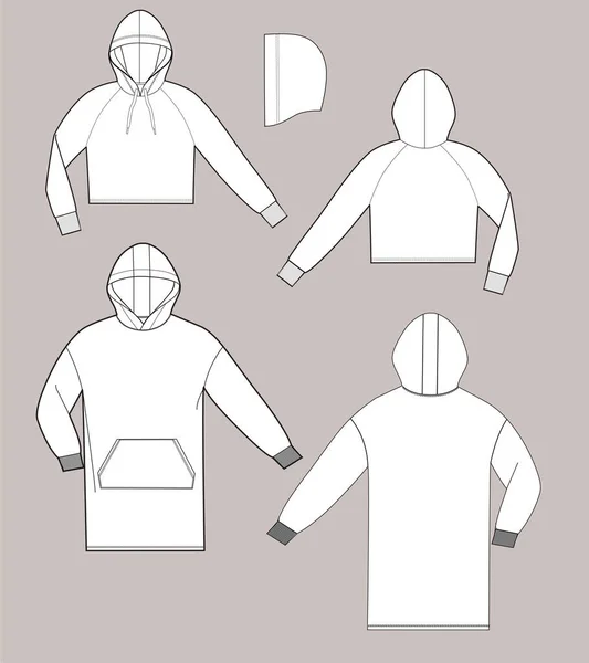 Temel unisex sweatshirt koleksiyonu kapüşonlu elbise ve mahsul. Önde ve arkada. Beyaz renkler, e-dükkan ve moda tasarımı için mükemmel şema..