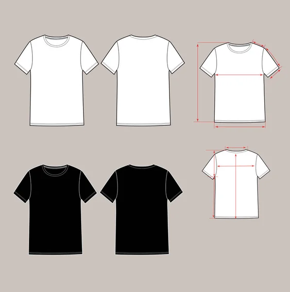 Temel unisex t-shirt seti. Ön ve arka. Beyaz ve siyah renklerde, ok şeması seçenekleri. E-dükkan ve moda tasarımı için mükemmel.