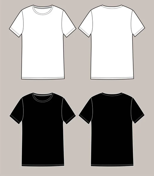 Temel unisex t-shirt seti. Ön ve arka. Beyaz ve siyah renklerde, e-dükkan ve moda tasarımı için mükemmel.