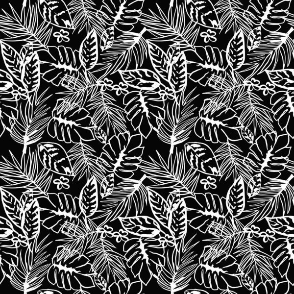Schwarz Weiße Grafische Tropische Blätter Mit Nahtlosem Muster Einfache Dschungel — Stockvektor