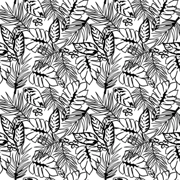 Hojas Tropicales Gráficas Blanco Negro Sin Costuras Fondo Simple Selva — Vector de stock