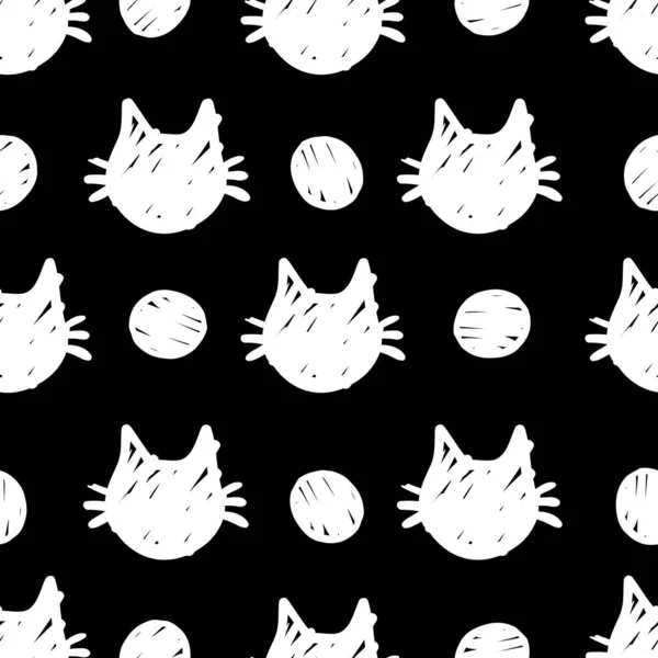 Cat Vector Seamless Pattern Kitty Muzzles 배경으로 과검은 분리되어 포장등을 — 스톡 벡터