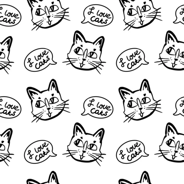 Cat Vector Seamless Black White Colors Wallpaper Background Cartoon Kitty — Stock Vector