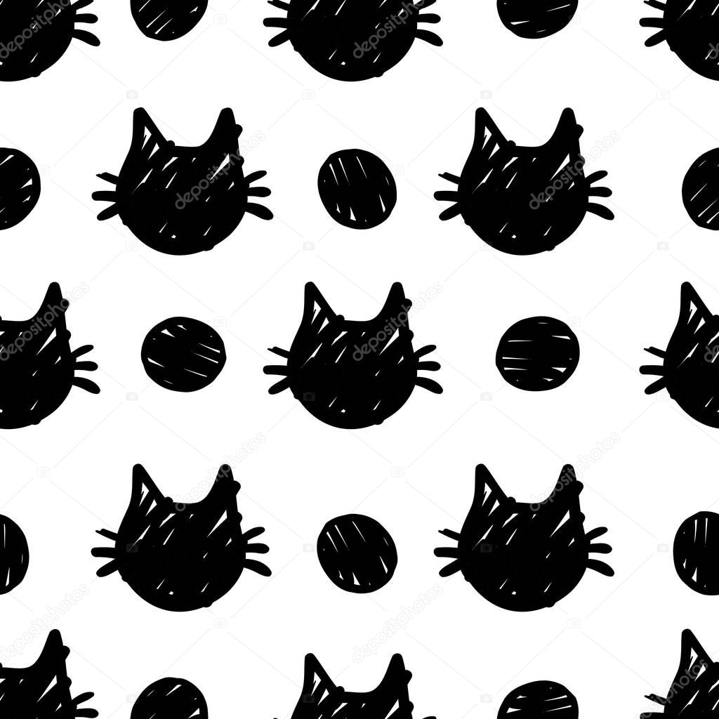 Cat vector seamless Pattern isolated on white and black dots background.Wallpaper background with cartoon kitty muzzles. Pattern for textile, wrapping and etc.