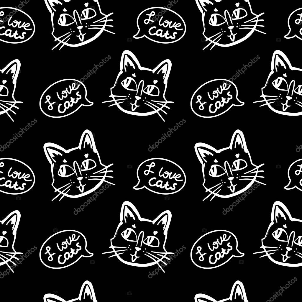 Cat vector seamless in black and white colors.Wallpaper background with cartoon kitty muzzles with bubble speach in line art
