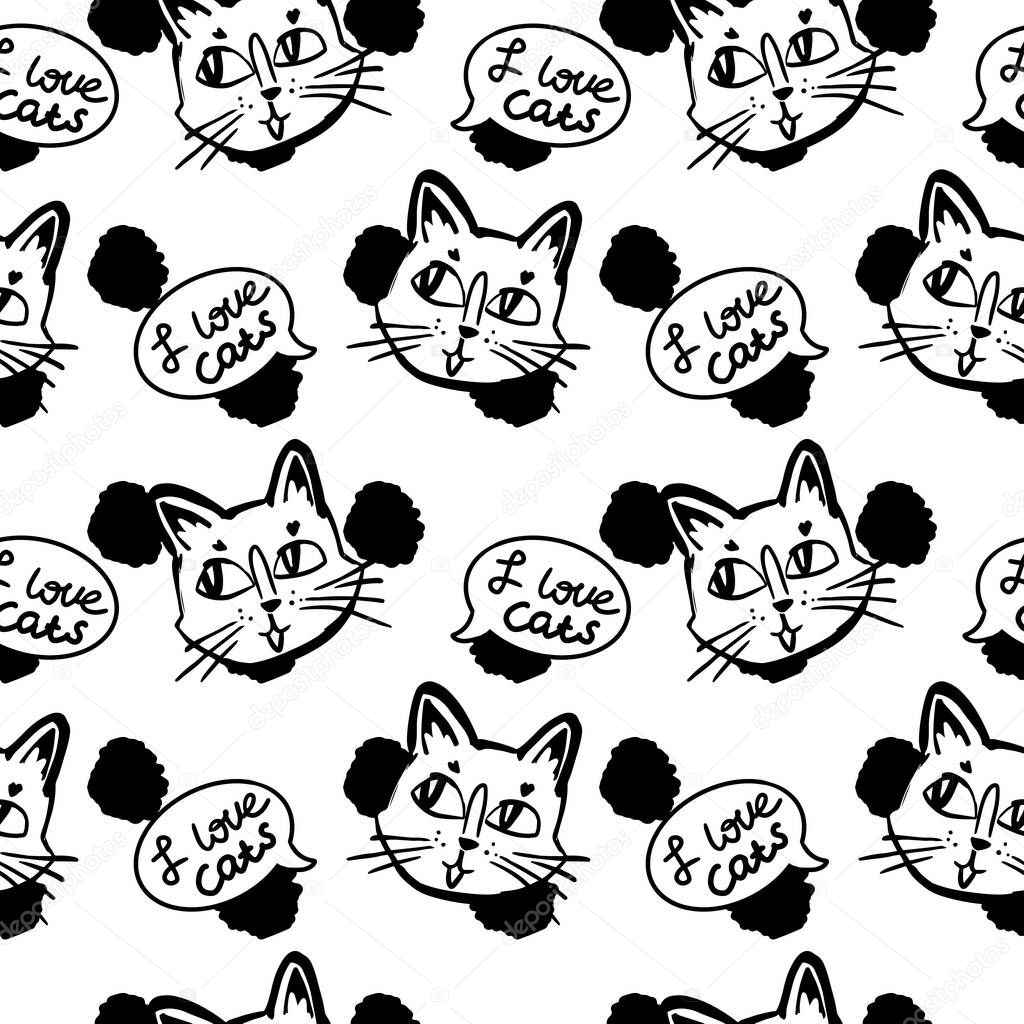 Cat vector seamless in black and white colors.Wallpaper background with cartoon kitty muzzles with bubble speach on dotted background in black and white colors.