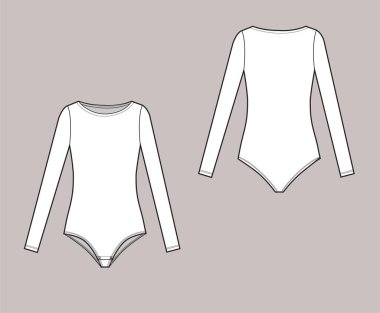 Teknik giysi çizimi. Moda skeci. Şablon. Kadın vücut tasarımı skeci. Önü ve arkası beyaz renkli. İç çamaşırı tasarımı. Spor giysisi.