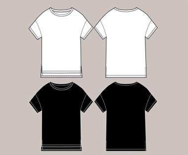 Teknik giysi çizimi. Moda skeci. Şablon. Düz kollu ve kesikli Unisex tişört tasarımı skeci. Önde ve arkada beyaz ve siyah renk seti, koleksiyon.
