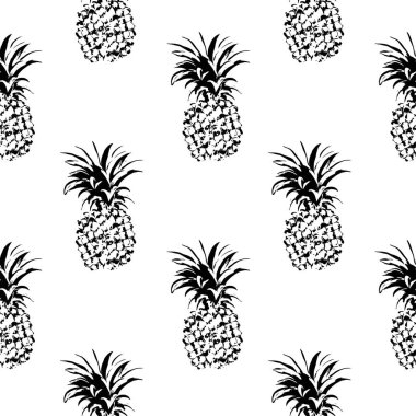 Siyah grafik ananas deseni. Beyaz arkaplanda vektör deseni. Moda siyah ve beyaz tropikal desen. Tekstil, duvar kağıdı, ambalaj ve benzeri şeyler için mükemmel..