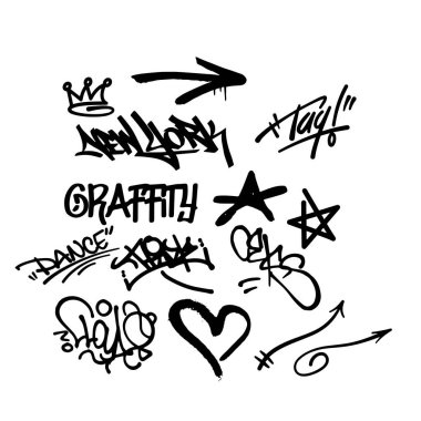 Beyaz arka planda izole edilmiş vektör içindeki siyah graffite elementleri. Etiketler, sprey, grafiti, sokak sanatı öğeleri. Graffity sanatçısı. Graffity boyası.