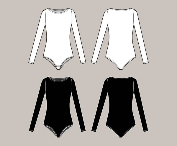 アパレルの技術図面 ファッションスケッチ テンプレート 長袖と丸首のデザインスケッチを持つボディ 前後に白と黒の色で — ストックベクタ