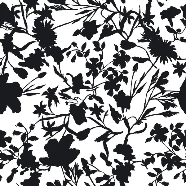 Blommig Siluett Mönster Vit Bakgrund Trädgårdsflora Perfekt För Textil Emballage — Stock vektor