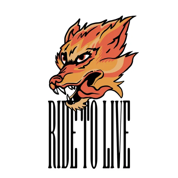 Animal Head Flames Illustration Ride Live Slogan Vector Artwork Apparel — Stockvektor