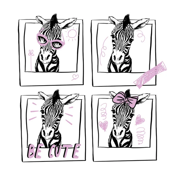 Ilustração Com Zebras Bebê Quadros Polaróides Estilo Gráfico Com Símbolos —  Vetores de Stock