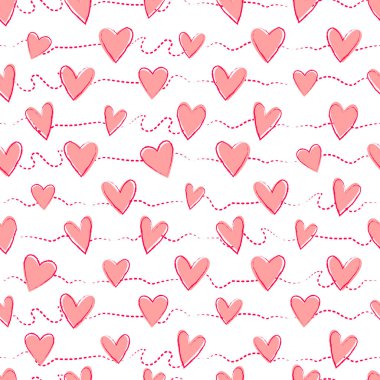 Pembe el ile Seamless modeli kalpler beyaz arka plan üzerinde çizilmiş.
