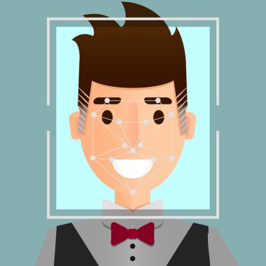 Yüz tanıma sistemi illüstrasyon. Biyometrik güvenlik kimlik kavramı. Genç adam portrat