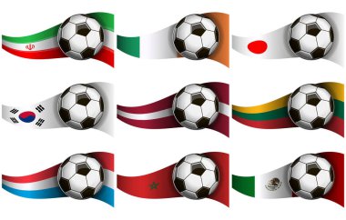 Futbol topu ve Iran, İrlanda, Japonya, Kore, Letonya, Litvanya, Lüksemburg, Marocco, Meksika bayrağı ile illüstrasyon