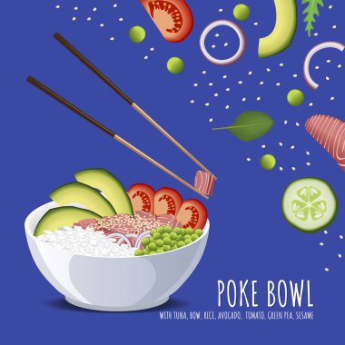 Hawaiian Poke Tuna kase, yay, pirinç, avokado, domates, yeşil bezelye ve susam. Menü için vektör şablon