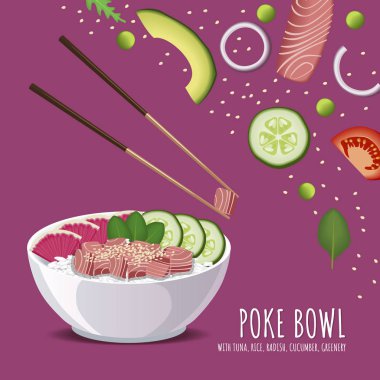 Hawaiian Poke ton balığı tabağı, pirinç, turp, salatalık, yeşillik ve susam. Menü için vektör şablon