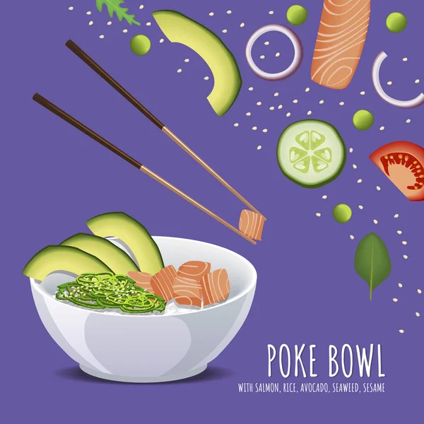Hawaiian Poke Salmão Bowl Com Arroz Alga Gergelim Abacate Modelo —  Vetores de Stock