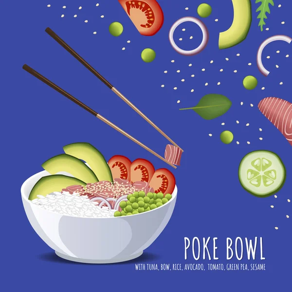 Hawaiian Poke Tonijn Bowl Met Boog Rijst Avocado Tomaat Groene — Stockvector