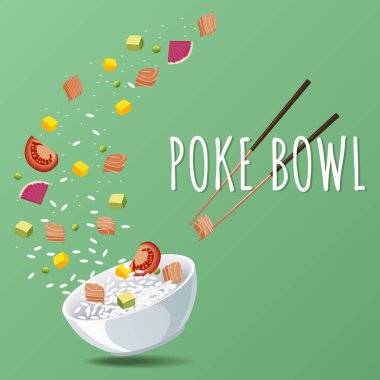 Hawaiian Poke somon ile kase sebze ve Yeşiller. Menü tasarımı, kopya alan arka plan. Vektör çizim eps 10