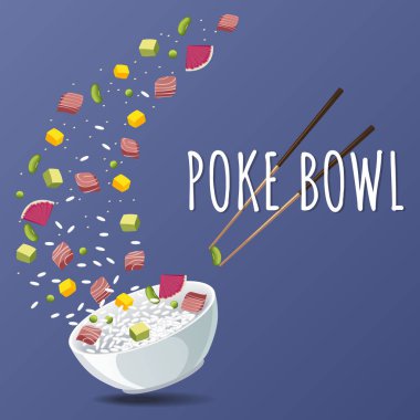 Hawaiian Poke Tuna ile kase sebze ve Yeşiller. Menü tasarımı, kopya alan arka plan. Vektör çizim eps 10