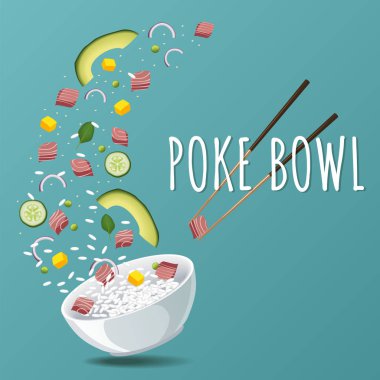 Hawaiian Poke Tuna ile kase sebze ve Yeşiller. Menü tasarımı, kopya alan arka plan. Vektör çizim eps 10