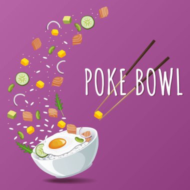 Hawaiian Poke somon ile kase sebze ve Yeşiller. Menü tasarımı, kopya alan arka plan. Vektör çizim eps 10