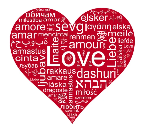 Ame Palavras Diferentes Idiomas Forma Coração Vermelho — Fotografia de Stock