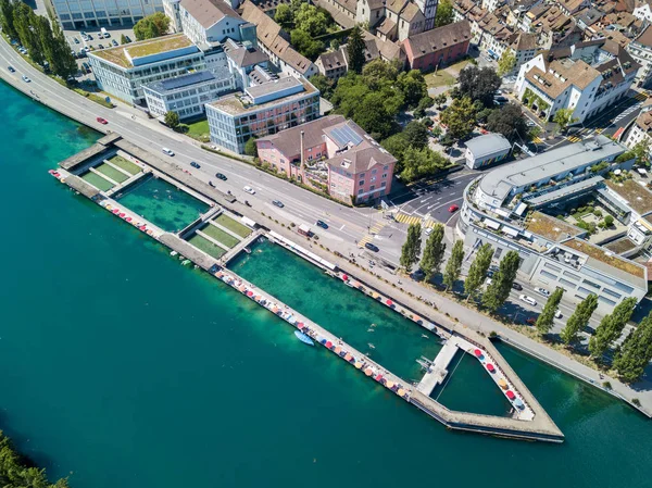 Drone Immagine Della Piscina Pubblica Nell Acqua Naturale Sul Reno — Foto Stock