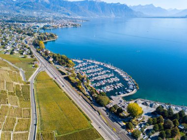 Panoramik eski üzüm bağları ve Cenevre Gölü üzerinde 13 Ekim 2012 Lavaux, İsviçre. Vevey ve Montreux tatil arka planda bulunmaktadır.