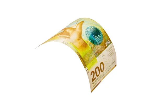 Fliegendes Schweizer Geld 200 Franken Schein Isoliert Mit Clip Pfad — Stockfoto