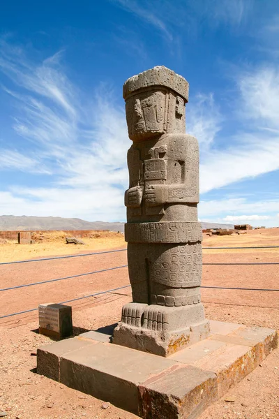 Πέτρα Εικόνα Του Ένα Τοτέμ Στο Tiwanaku Tiahuanaco Προκολομβιανή Αρχαιολογική — Φωτογραφία Αρχείου