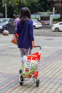 Shenzhen, Çin - 24 Kasım 2018: alışveriş sepeti defalık plastik poşetler tam olarak yiyecek taşıyan kadın. Plastik torba düşüncesiz tüketimi çevre kirliliğinin en büyük kaynak biridir.