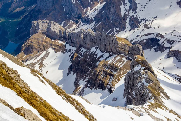 Bergen Saentis Och Lisengrat Topp Med Snö Schweiz — Stockfoto