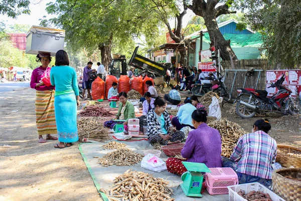 Mandalay Myanmar Januari 2017 Vrouwen Verkopen Vleugelboon Wortels Sophocarpus Tetragonolobus — Stockfoto
