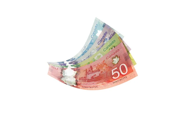 Canadese Dollarbiljetten Gepresenteerd Als Vliegen Lucht Geïsoleerd Witte Achtergrond — Stockfoto