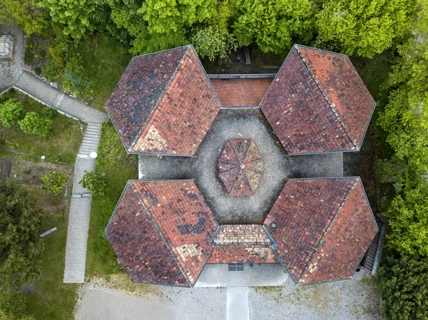 Aerial view of an old school house roof with symmetric design