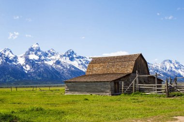 Grand Tetons Ulusal Parkı'ndaki Mormon Row'daki eski Mormon ambarı, ABD