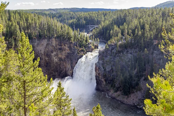 Bovenste Watervallen Van Yellowstone Rivier Met Chittenden Bridge Achtergrond — Stockfoto