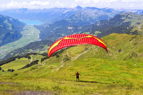 Paraglider Flyger Över Fältet Alperna Bergsområde Meiringen Bern Oberland Med — Stockfoto