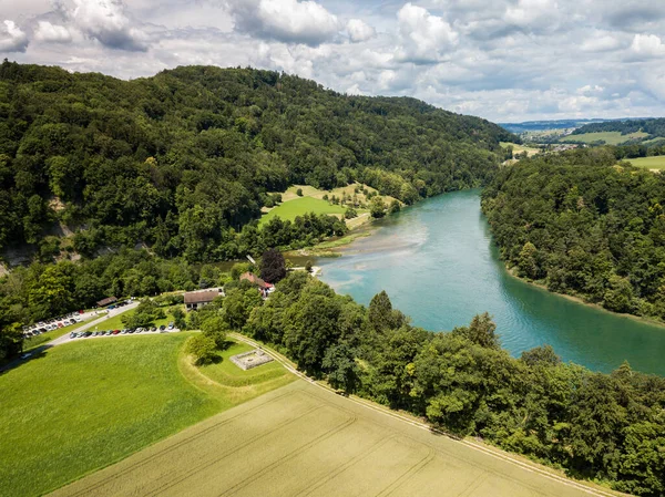 Imagen Aérea Drone Sinuosidad Del Rin Bucle Toesegg Con Una —  Fotos de Stock