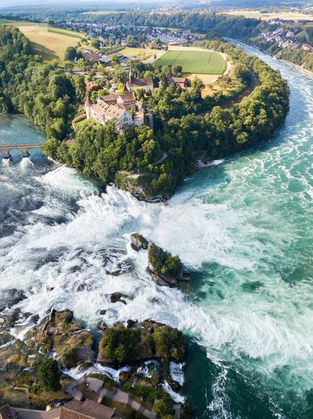 Luchtfotografie Met Drone Van Rijnwatervallen Met Kasteel Schloss Laufen Zwitserland — Stockfoto